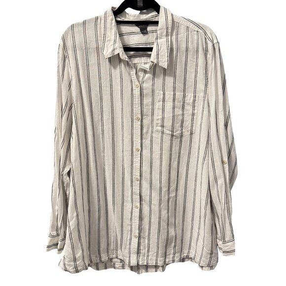 Eddie Bauer Linen Blend 2XL White & Black Striped Button-Down Shirt - Picture 1 of 12
